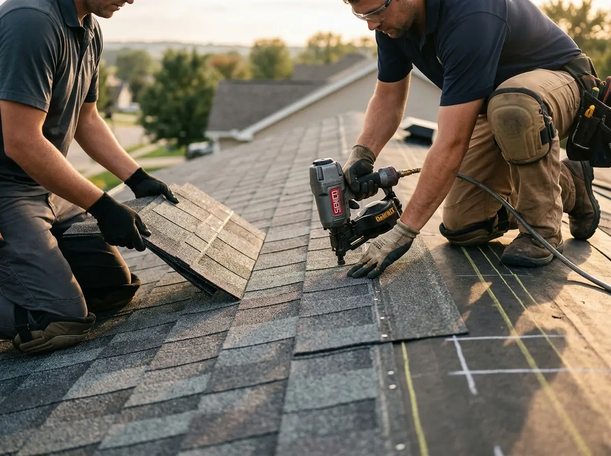 Professional roofer working on a residential roof in Northbrook